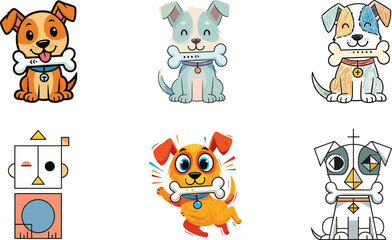 Cute dogs holding bones in various artistic styles, cartoon, geometric, abstract, colorful pet vector illustration for playful animal design