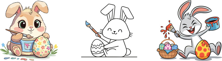 Cute Easter bunnies painting colorful eggs, festive spring holiday illustration with cartoon rabbits, egg decorating, joyful celebration, vector art for kids