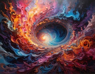 A vibrant abstract artwork displays a swirling vortex of textured, paint-like forms in a dynamic array of colors.
