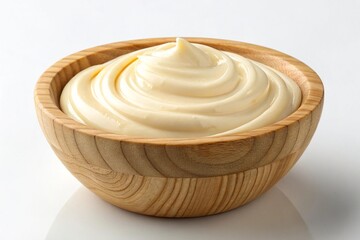 Creamy mayonnaise in a wooden bowl isolated on white background