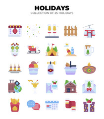 Collection of 25 Holidays. Festive Travel. Winter & Summer Vacation Icons