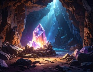 A vibrant, luminous crystal centerpiece commands attention within a dramatic cave setting.