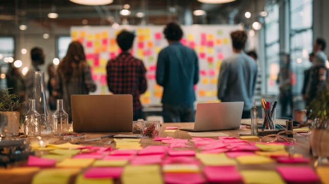 Corporate team brainstorming in modern coworking space with sticky notes laptops and prototypes showing teamwork innovation and collaboration in a creative business environment