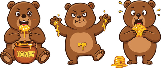Fototapeta premium Cartoon bears eating honey vector illustration, cute animal characters, funny wildlife mascot design, happy bear with honey jar and honeycombCartoon bears eating honey vector illustratio