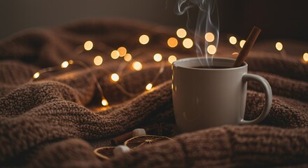 Warm beverage in a white ceramic mug surrounded by soft brown knitted blanket and glowing string lights creating cozy atmosphere with steam rising from hot drink