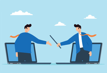 Businessman boss passes or relays baton to outsourced team to work remotely. Concept of delegation of tasks or services to external team, allowing for telecommuting arrangements