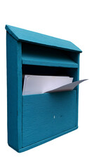 Turquoise Mailbox with Letters on Black Background