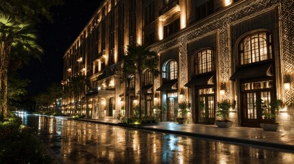 Luxurious hotel at night, wet street, palm trees