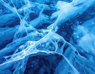 Naklejka premium Frozen Blue Lake Baikal Ice Texture with Cracks and Bubbles Winter Season Natural Pattern