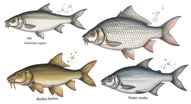 Collection of European Freshwater Fish Species Scientific Illustrations.