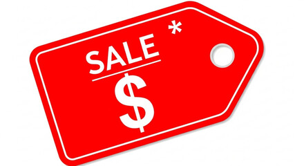 Dynamic red sale tag with dollar symbol and asterisk announces exciting discounts and special offers, perfect for retail promotions and advertising campaigns driving customer attention and sales.