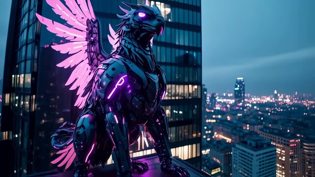 Mechanical griffin perched atop a city building at night