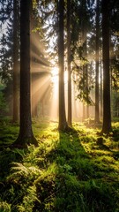 Fototapeta premium Sunlight streams through a misty forest (1)