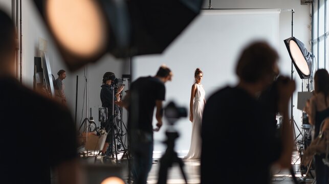 Fashion and product photoshoot in professional studio with models stylists makeup artists cameras and softboxes showing teamwork creativity and modern commercial production process - Powered by Adobe