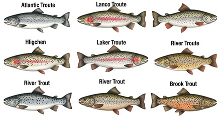 Collection of Trout Species Illustrations with Names.