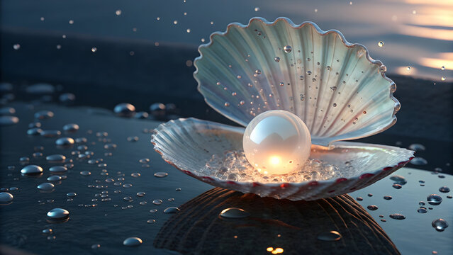 Glowing pearl resting in an open seashell surrounded by water droplets on a dark reflective surface full hd 4k stock image download - Powered by Adobe