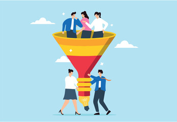 People in sales and marketing funnel with lightbulb outcome, illustrating sales conversion. Concept of managing employees or teams, brainstorming for new ideas, and pipeline of customer purchases