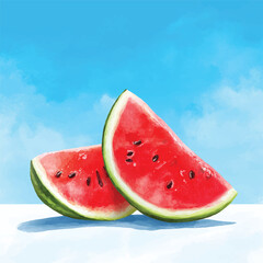 Two juicy watermelon slices with vibrant red flesh and black seeds 1.