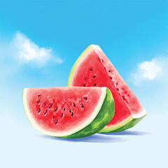 Two juicy watermelon slices with seeds on a bright blue sky background.