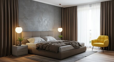 Plush bed with brown bedding and yellow armchair in contemporary bedroom interior image