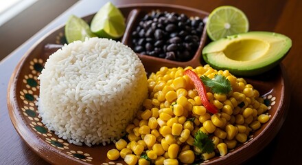 Plant-Based plate featuring rice, sweetcorn, black beans and avocado