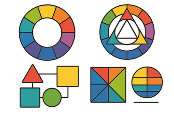 Color theory infographic elements. Vector icon set with color wheel, geometric shapes, and patterns for illustrating design principles, harmony, and color relationships.