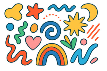 Obraz premium Colorful abstract shapes and lines collection. Vibrant design elements in a playful, cute, cartoon style. Set of hand drawn doodles, rainbow, star, heart, and geometric forms.