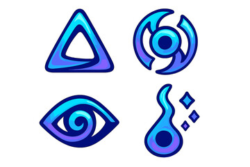 Magic spell icons set. Game UI elements. Fantasy RPG assets. Abstract futuristic symbols. Glowing neon signs. Vector illustration pack. Triangle, eye, vortex, and flame symbols.