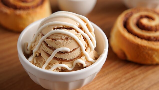 Delicious cinnamon roll flavored ice cream drizzled with icing in a white bowl with cinnamon rolls in the background