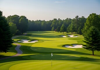 Obraz premium Scenic golf course landscape, immaculate green with tranquil morning light