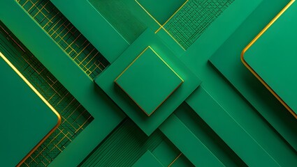 Abstract geometric green and gold design with intersecting planes and textured elements