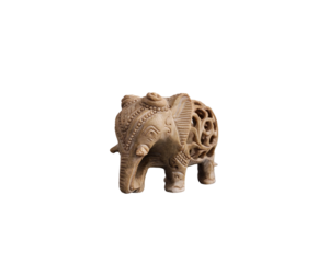Stone-made decorative pieces of elephant with carefully carved designs over the body.  Single-stone made with a baby elephant inside.  Mostly sold in Mahabalipuram, the famous tourist place of India.