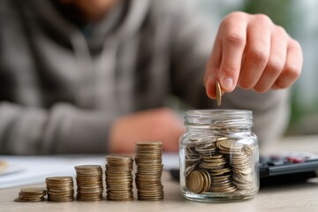 Person adding coin to jar with coin stacks, symbolizing saving and finance