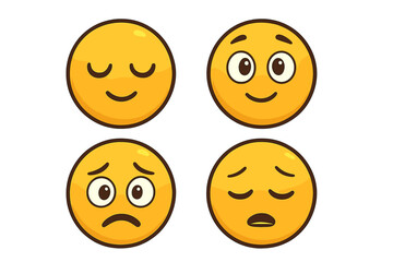 Fototapeta premium Emoji faces showing emotions: peaceful, hopeful, anxious, exhausted. Smiley emoticon vector set. Cartoon mood icons for feedback, rating, mental health or social media.