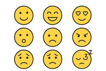 Emoji face icon set with various emotions. Vector emoticons collection. Happy, sad, angry, love, smile, laugh, sleep, surprised feelings. Linear cartoon character design.