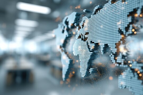 A detailed, textured, pixelated world map in focus with a blurred background of an interior