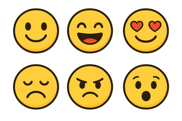 Fototapeta premium Emoji expressions set with simple rounded faces. Emotion icons collection. Vector cartoon illustration. Happy, sad, angry, love, wow, laugh faces. Feedback smiley avatar.