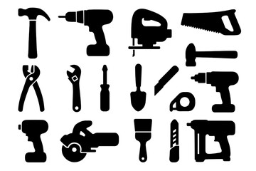 Vector collection of tool silhouettes. Set of hand and power tool icons for construction, DIY, and home repair projects. Handyman equipment for renovation and maintenance work.