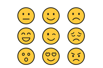 Fototapeta premium Vector emoji set, simple linear emoticons. Facial expression icons for feedback. Happy, sad, angry, love face. Mood concept. Customer review satisfaction scale illustration.