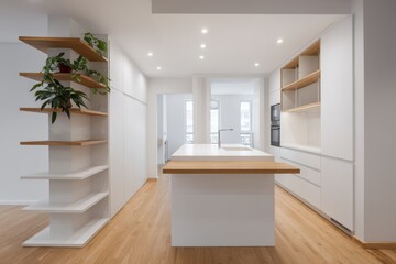 Fototapeta premium Modern kitchen with light wood accents and shelving.
