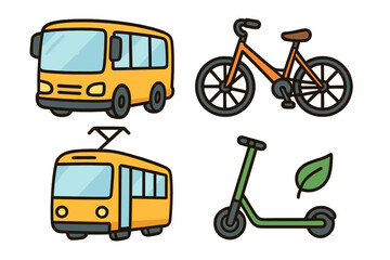 Urban transport icon set for public mobility and eco-friendly travel. Vector cartoon illustrations of bus, tram, bicycle, and electric scooter for green city transit concepts.