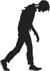 Creepy zombie silhouette walking forward with hunched posture. Undead horror figure in tattered clothing isolated on white background. Perfect for Halloween, horror art, and spooky designs.