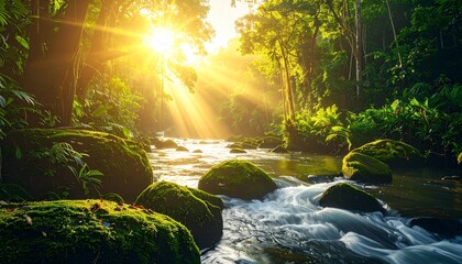 Panoramic tropical river with moss-covered rocks, clear water and golden sunlight