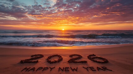 Happy New Year 2026, A beautiful sunset over a beach with the word 2026 written in the sand, banner poster, new year template, created with generative ai