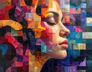 A vibrant mosaic portrait of a serene woman, showcasing a colorful composition of geometric shapes and expressive features.