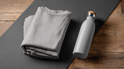 Gray shirt and water bottle on yoga mat