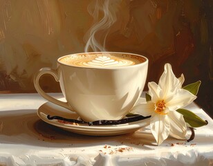 A still life featuring a steaming latte art coffee cup, a delicate white flower, and a vanilla pod, all bathed in warm sunlight, evoking a sense of serene indulgence.