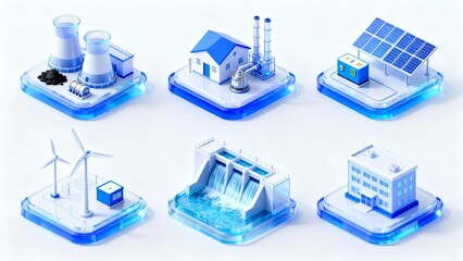 3D isometric clean-energy icon set — power plant, house, factory, solar, wind, hydro on white