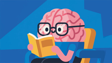illustration of a brain mascot wearing glasses reading a book vector design template © BedRoses