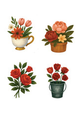 Flowers Shop Element Bundle #02—Flowers in Teacup, Flowers in Wooden Pot, Roses Flower, and Roses in Bucket. Design Element. Clip art. Suitable for artwork.